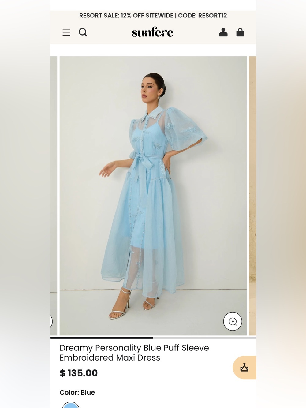 Sunfere Blue Puff-Sleeve Embroidered Maxi Dress